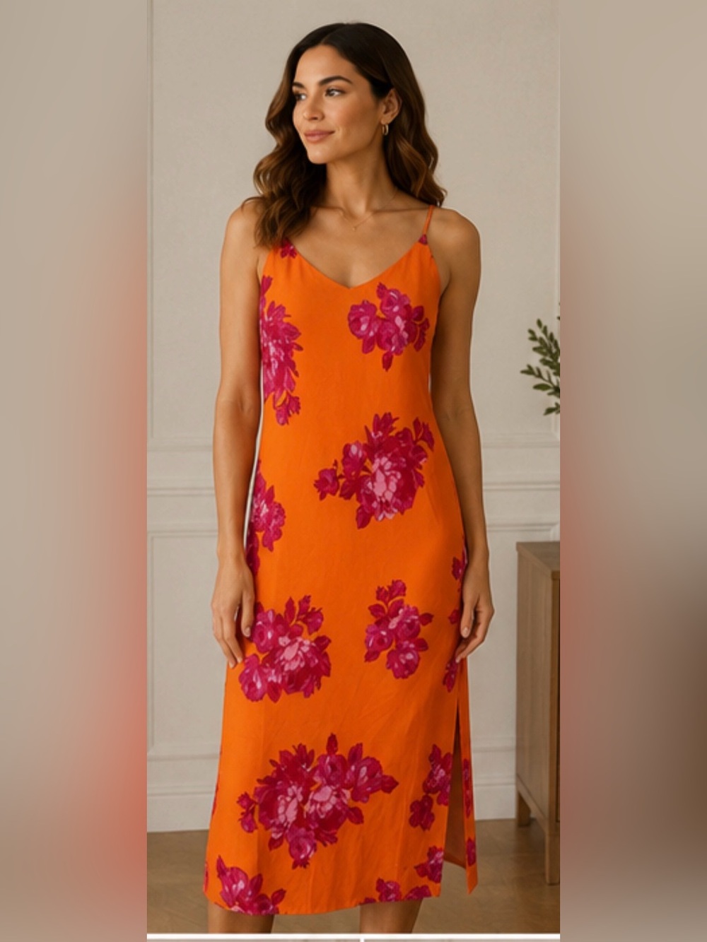Orange Floral Slip Dress with Pink Bloom Accents